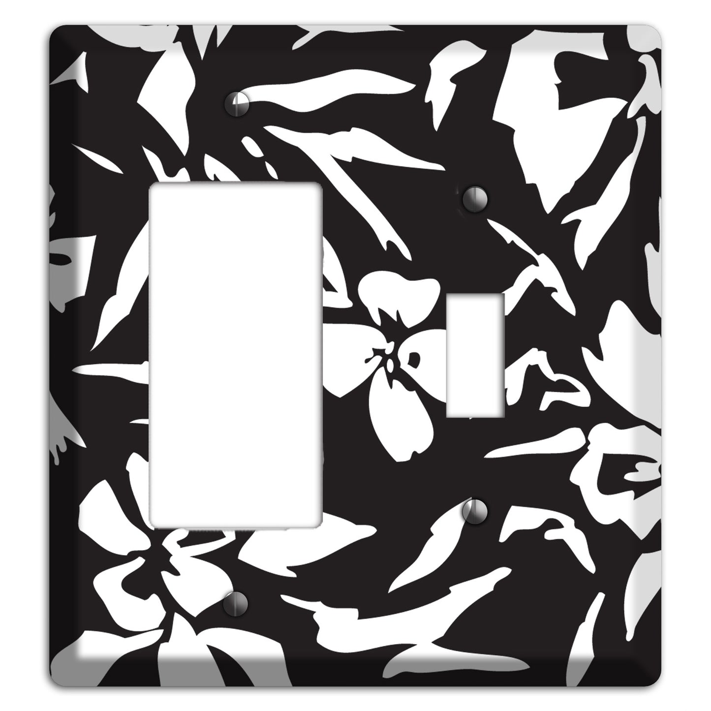 Black with White Woodcut Floral Rocker / Toggle Wallplate
