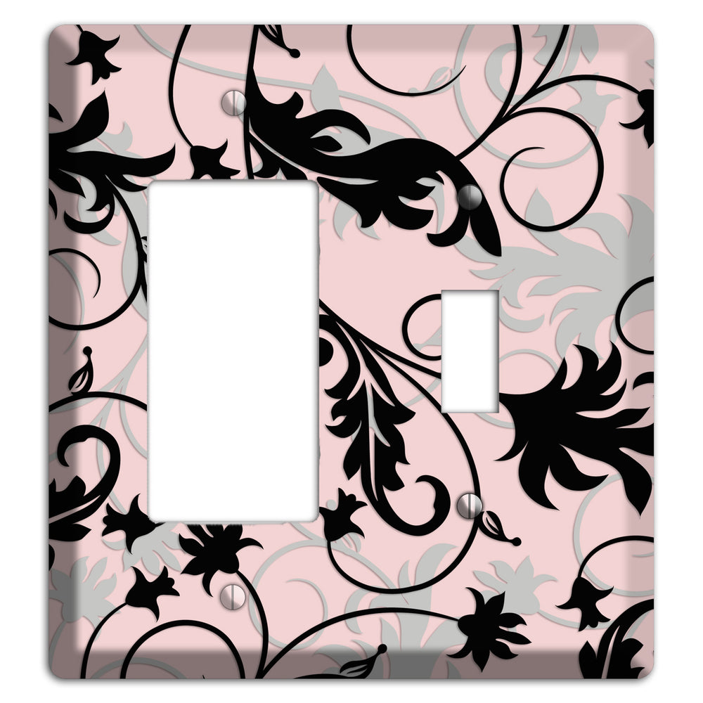 Dusty Pink Grey Black Victorian Sprig Rocker / Toggle Wallplate