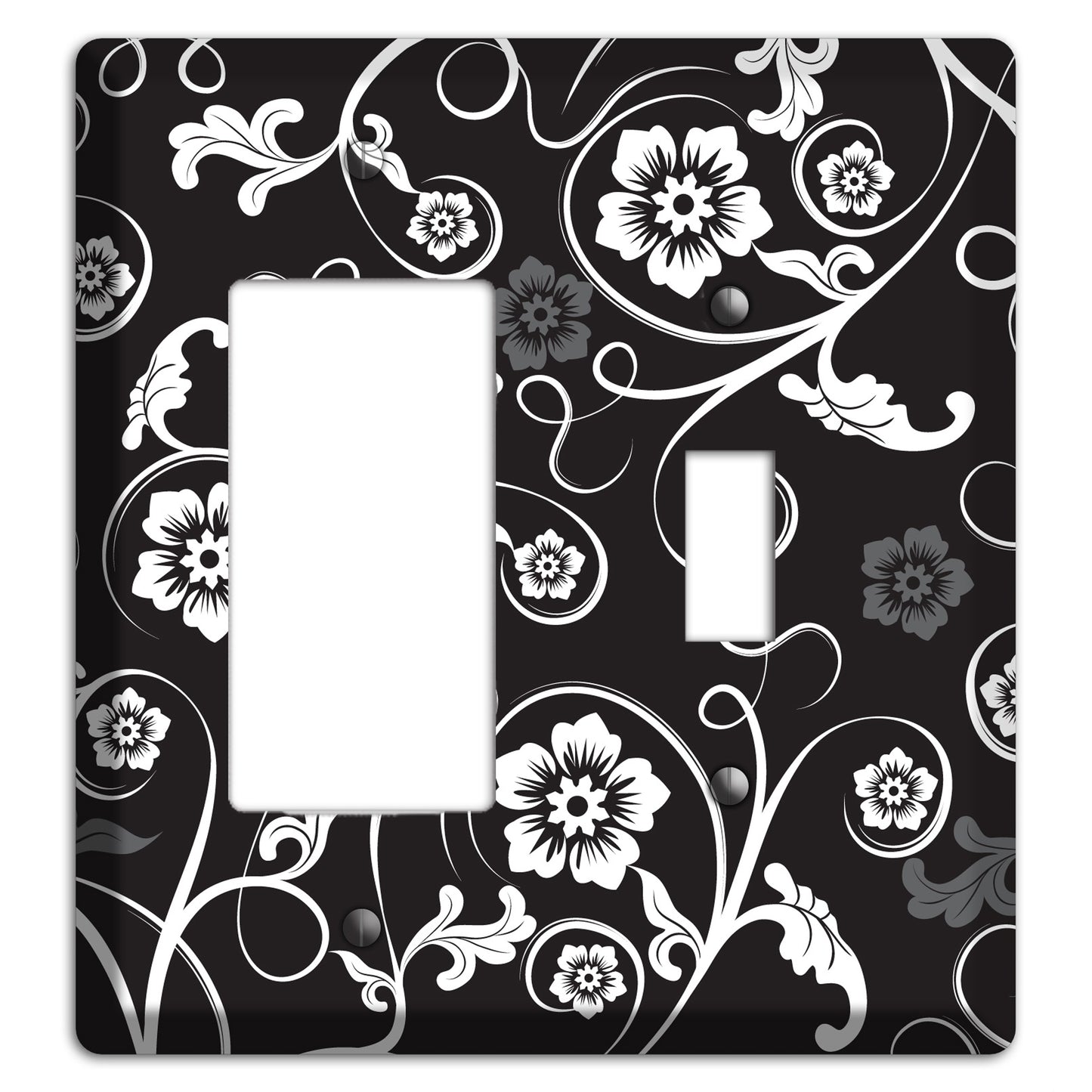 Black with White Flower Sprig Rocker / Toggle Wallplate