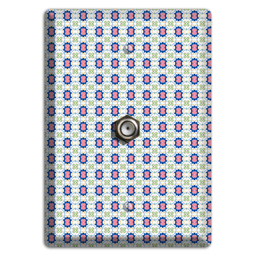 White with Blue Pink Green Arabesque Cable Wallplate