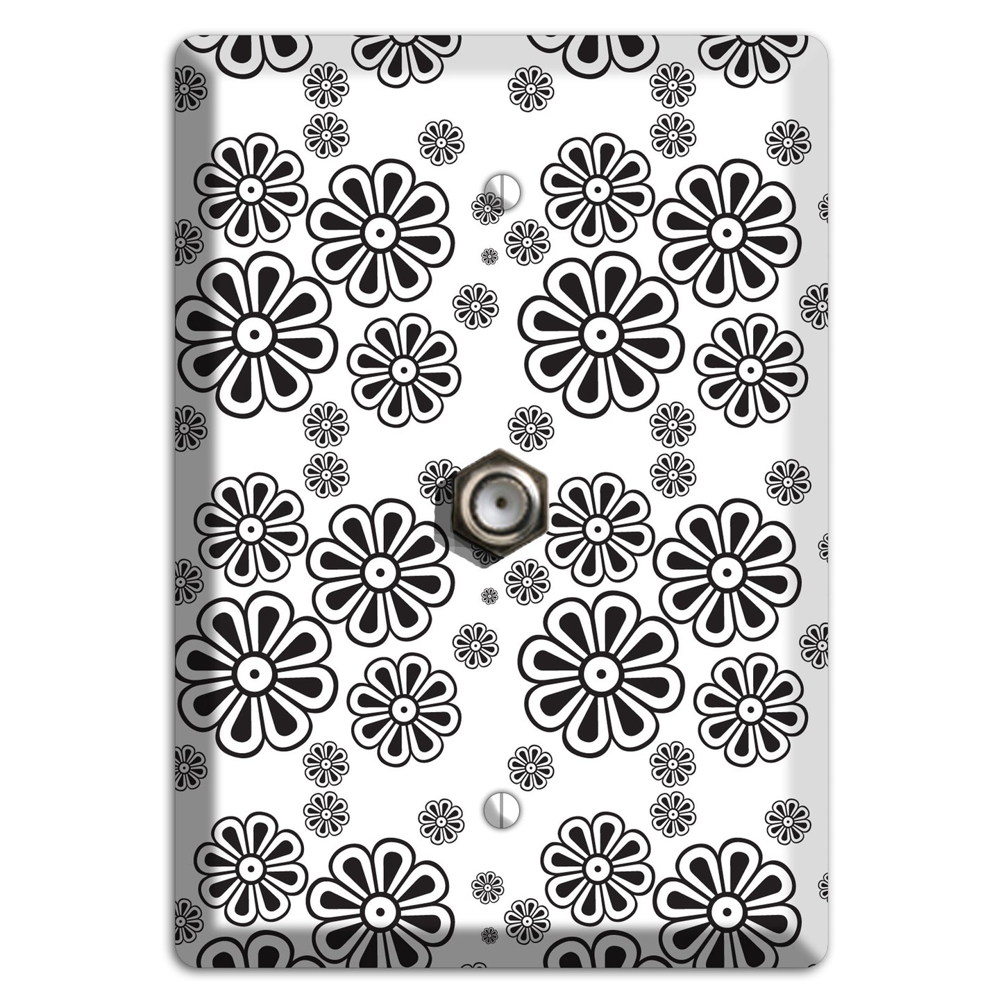 White With Black Small Retro Floral Contour Cable Wallplate