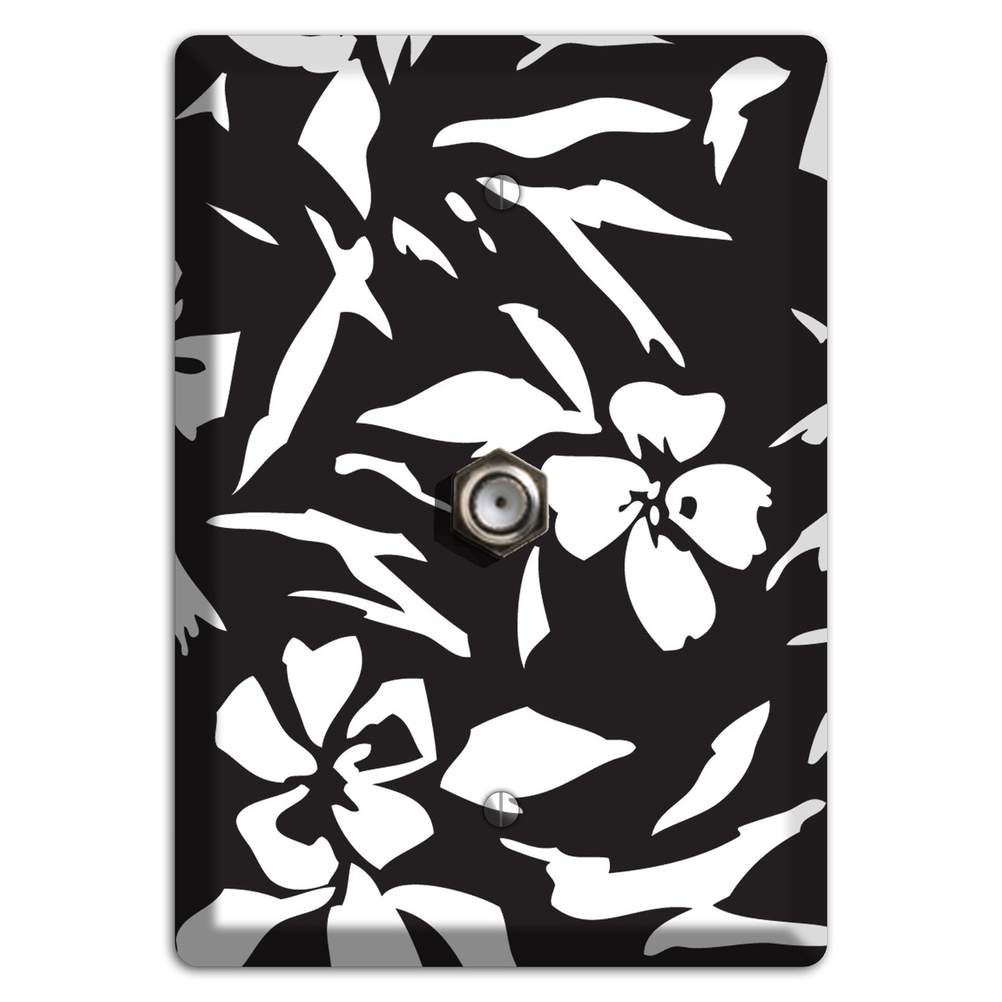 Black with White Woodcut Floral Cable Wallplate