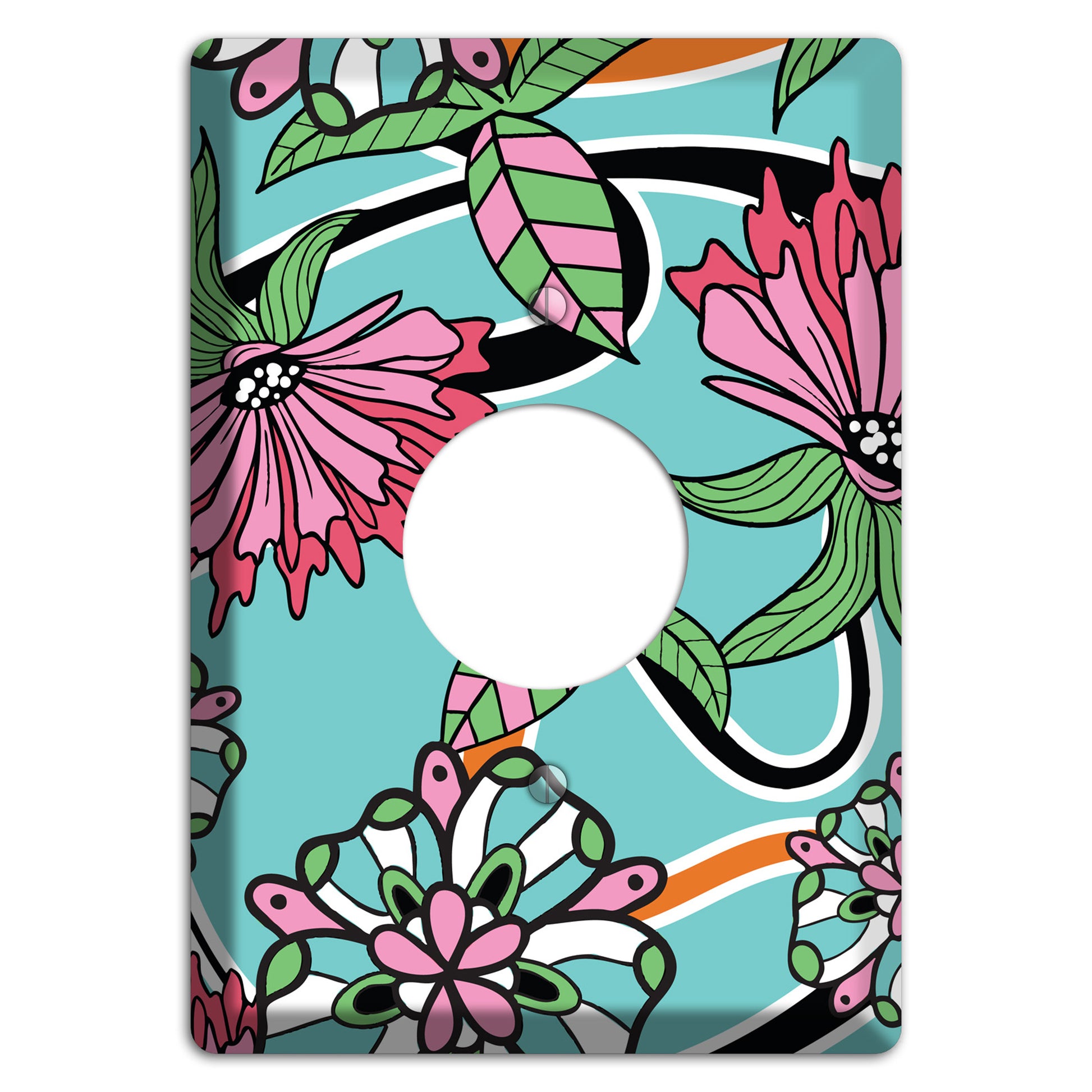 Turquoise with Pink Flowers Single Receptacle Wallplate