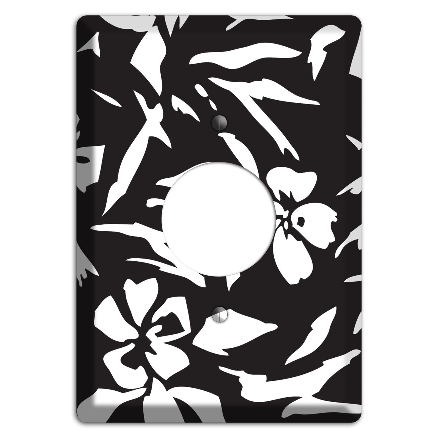 Black with White Woodcut Floral Single Receptacle Wallplate