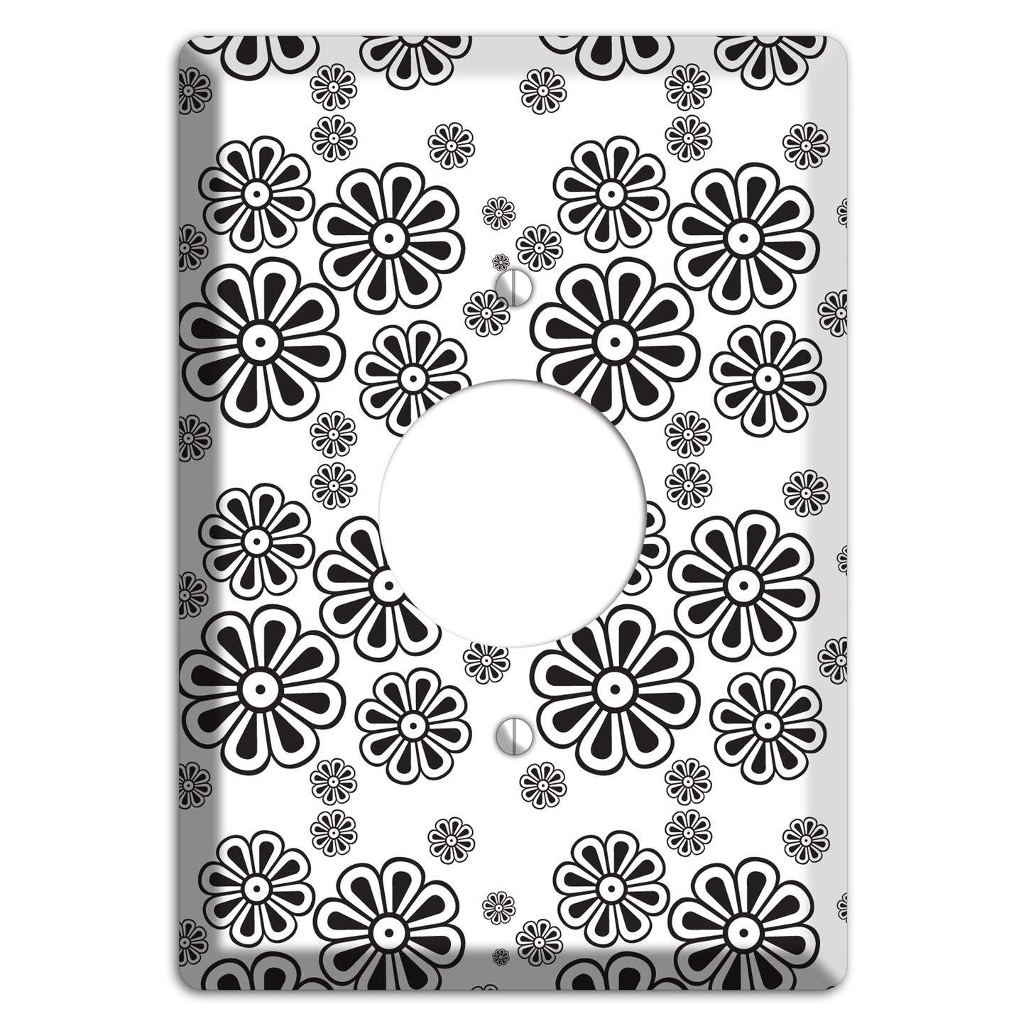White With Black Small Retro Floral Contour Single Receptacle Wallplate