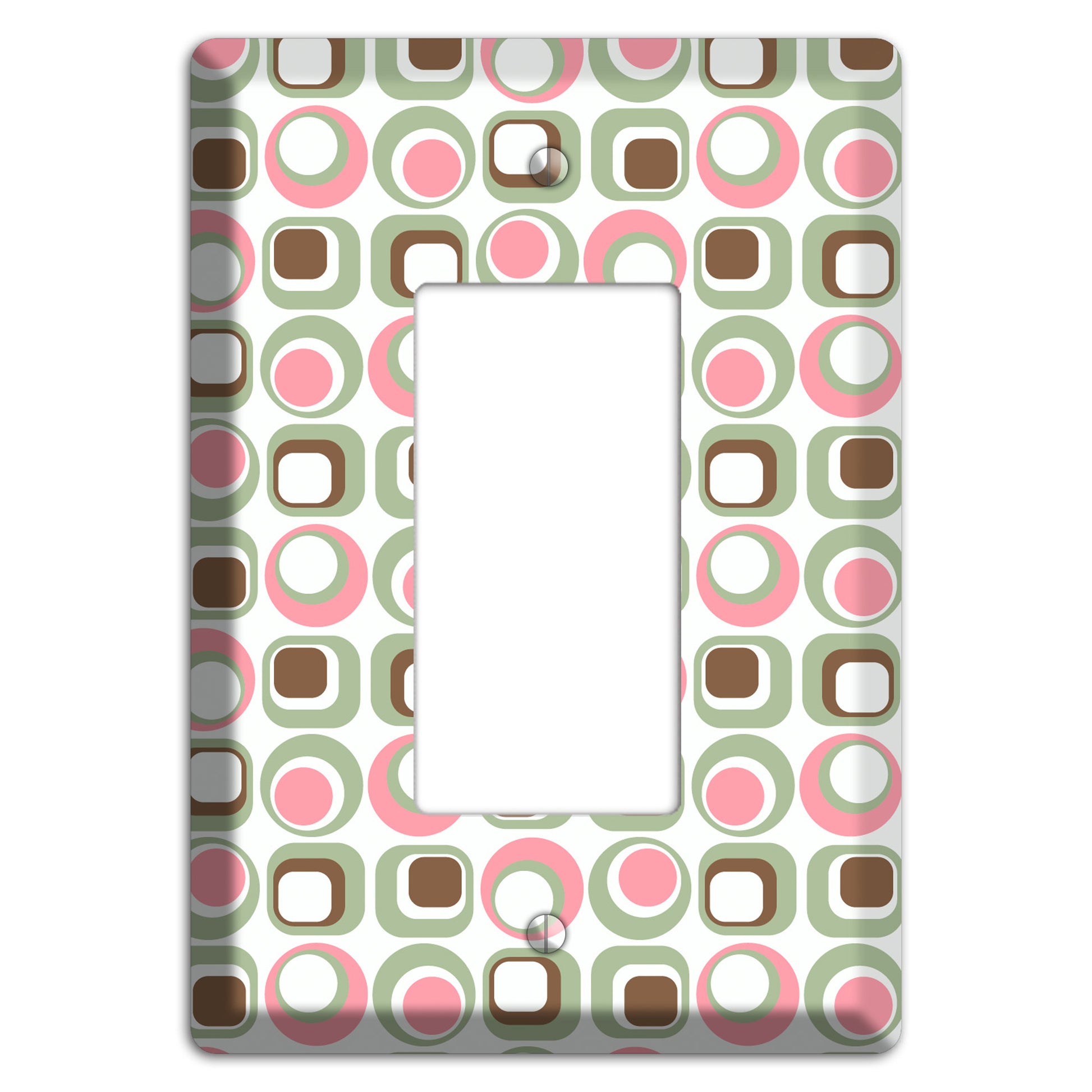 White with Pink Sage Brown Retro Squares and Circles Rocker Wallplate