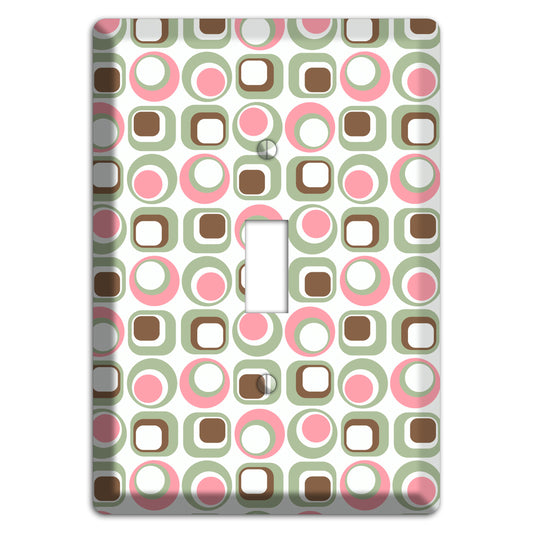 White with Pink Sage Brown Retro Squares and Circles Cover Plates