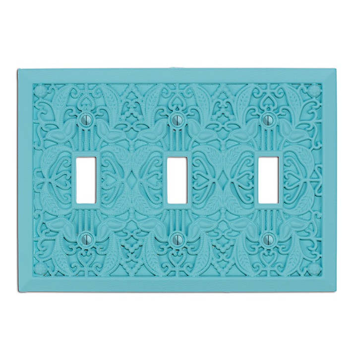 Gulf Blue Filigree Shabby Chic Triple Toggle:Wallplatesonline.com