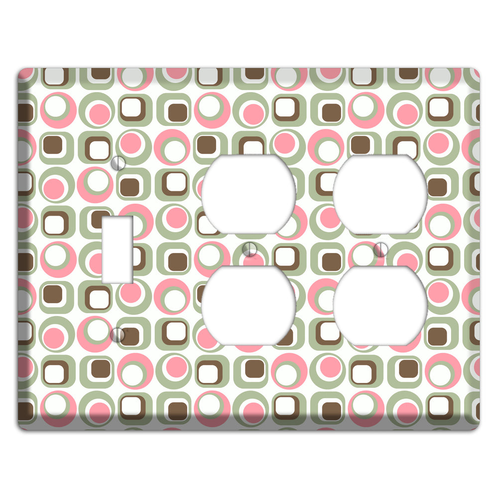 White with Pink Sage Brown Retro Squares and Circles Toggle / 2 Duplex Wallplate