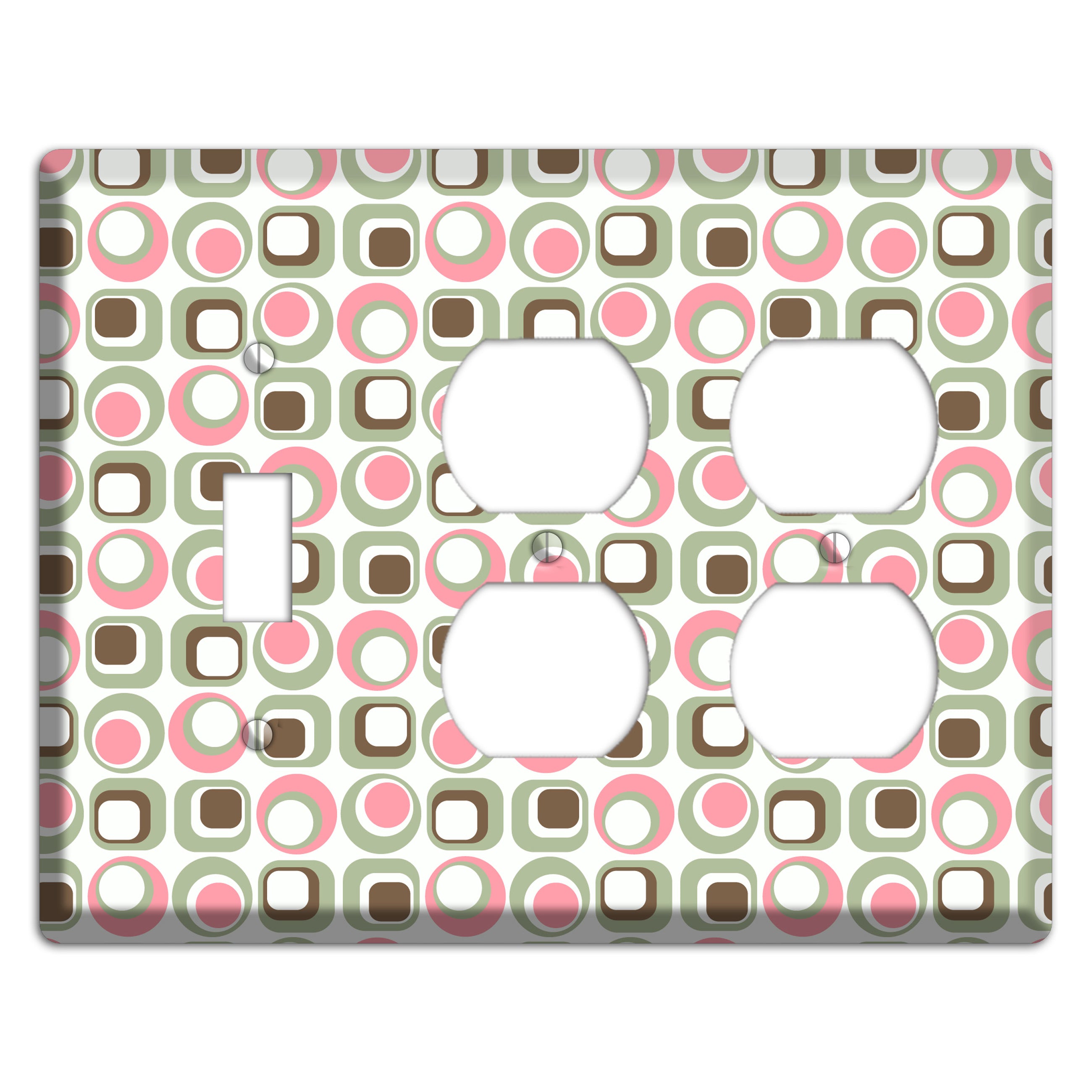 White with Pink Sage Brown Retro Squares and Circles Toggle / 2 Duplex Wallplate