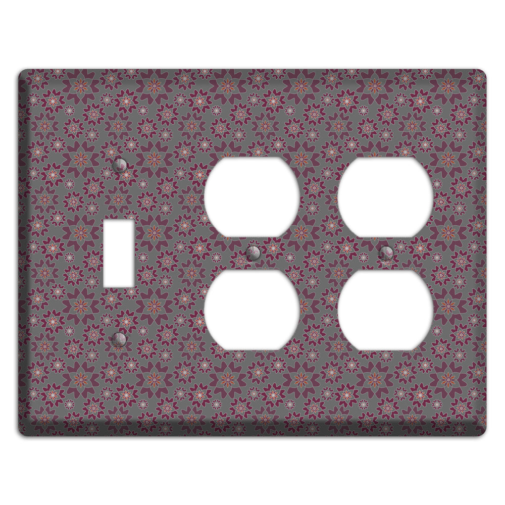 Grey with Tiny Burgundy Retro Suzani Toggle / 2 Duplex Wallplate