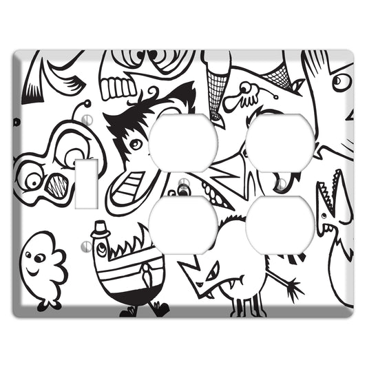 Black and White Whimsical Faces 3 Toggle / 2 Duplex Wallplate