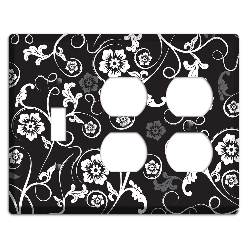Black with White Flower Sprig Toggle / 2 Duplex Wallplate