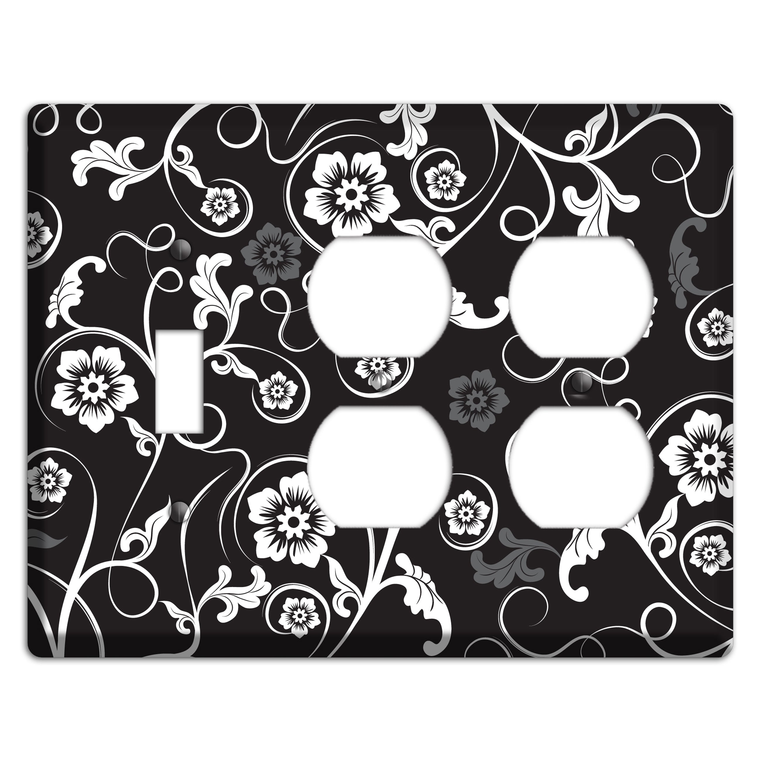 Black with White Flower Sprig Toggle / 2 Duplex Wallplate