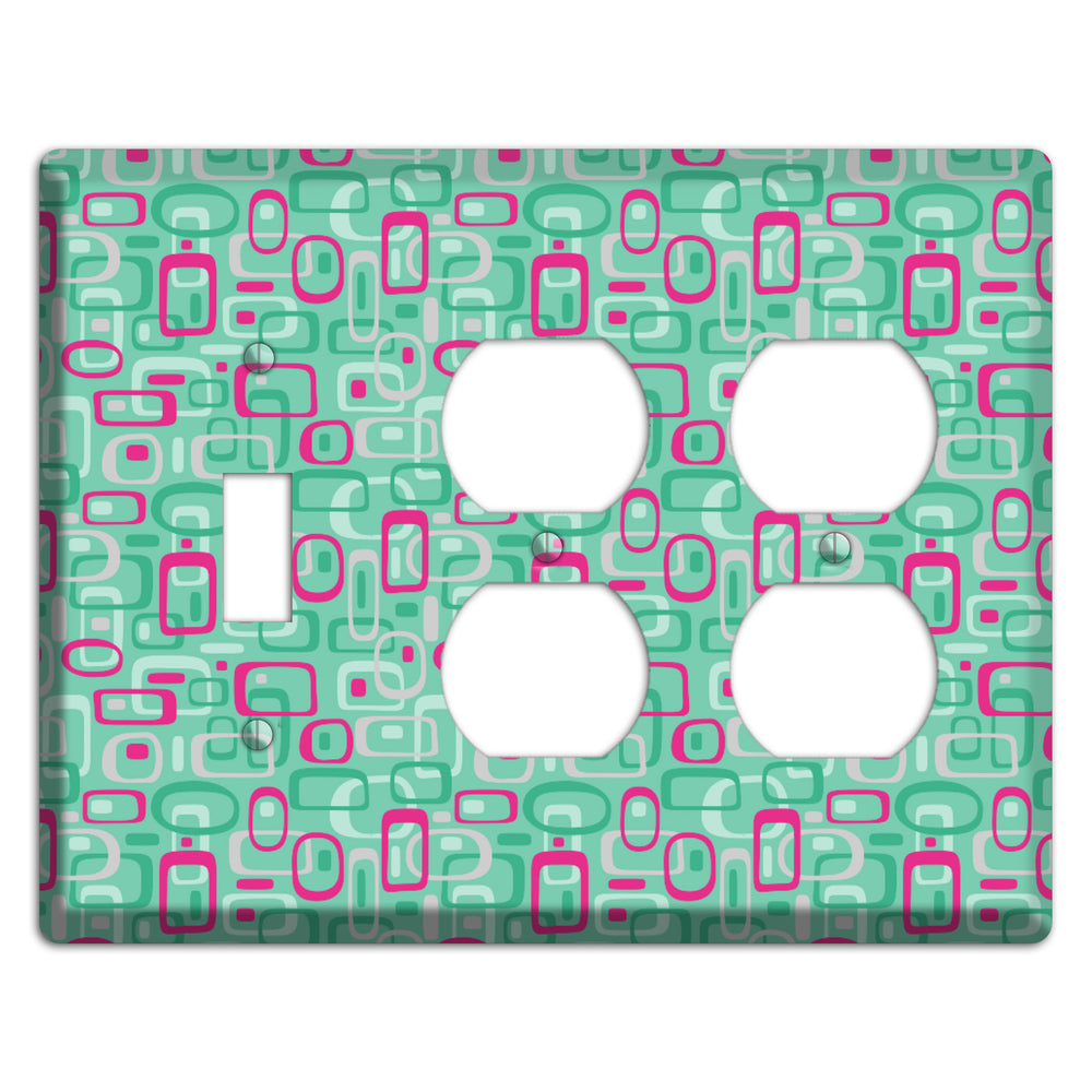 Aqua with Fuschia and Multi Green Retro Squares Toggle / 2 Duplex Wallplate