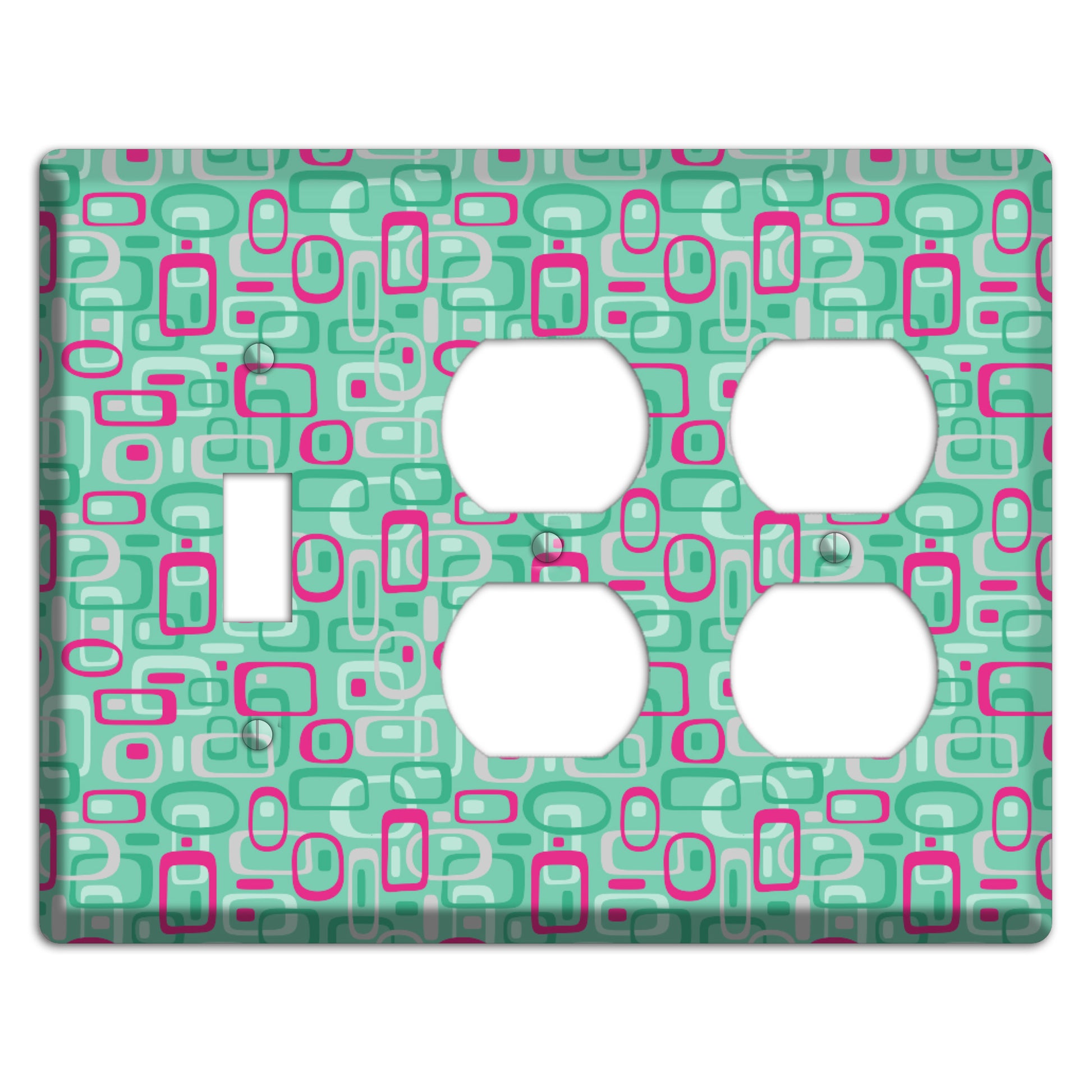 Aqua with Fuschia and Multi Green Retro Squares Toggle / 2 Duplex Wallplate
