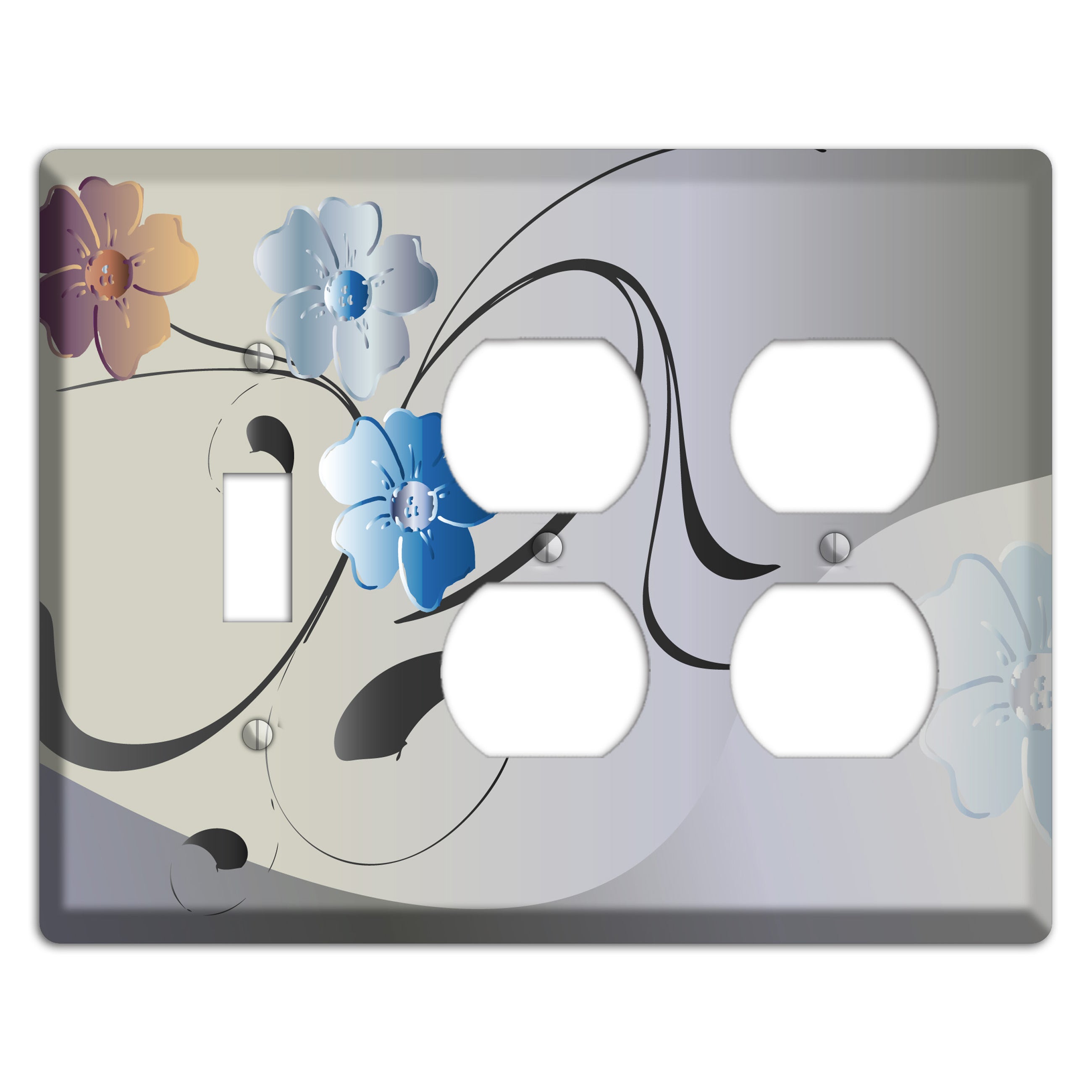 Grey and Blue Floral Sprig Toggle / 2 Duplex Wallplate