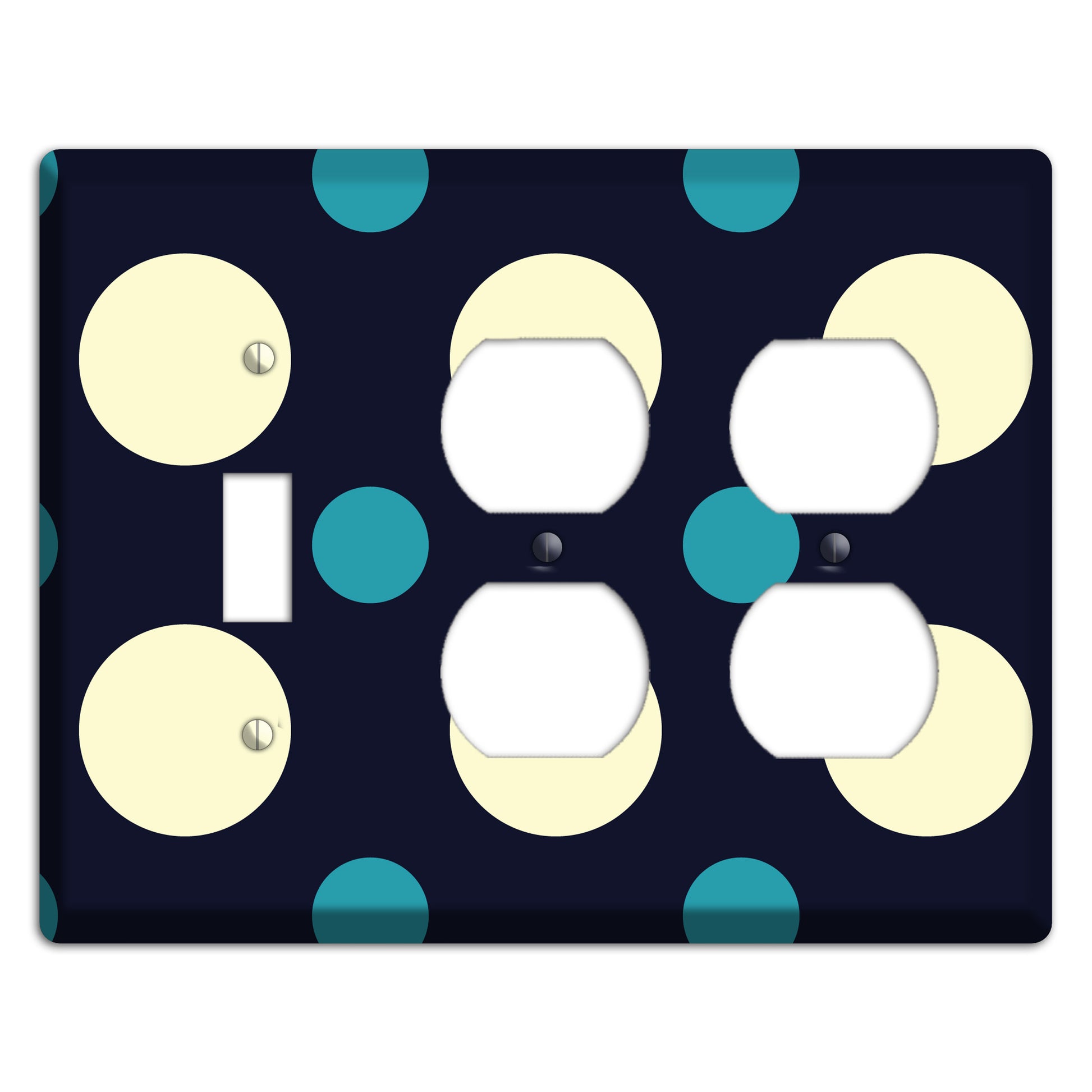 Black with Yellow and Teal Multi Medium Polka Dots Toggle / 2 Duplex Wallplate