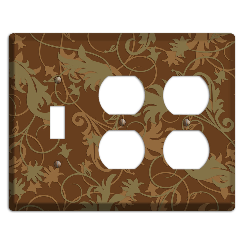 Brown and Olive Victorian Sprig Toggle / 2 Duplex Wallplate