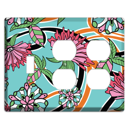 Turquoise with Pink Flowers Toggle / 2 Duplex Wallplate