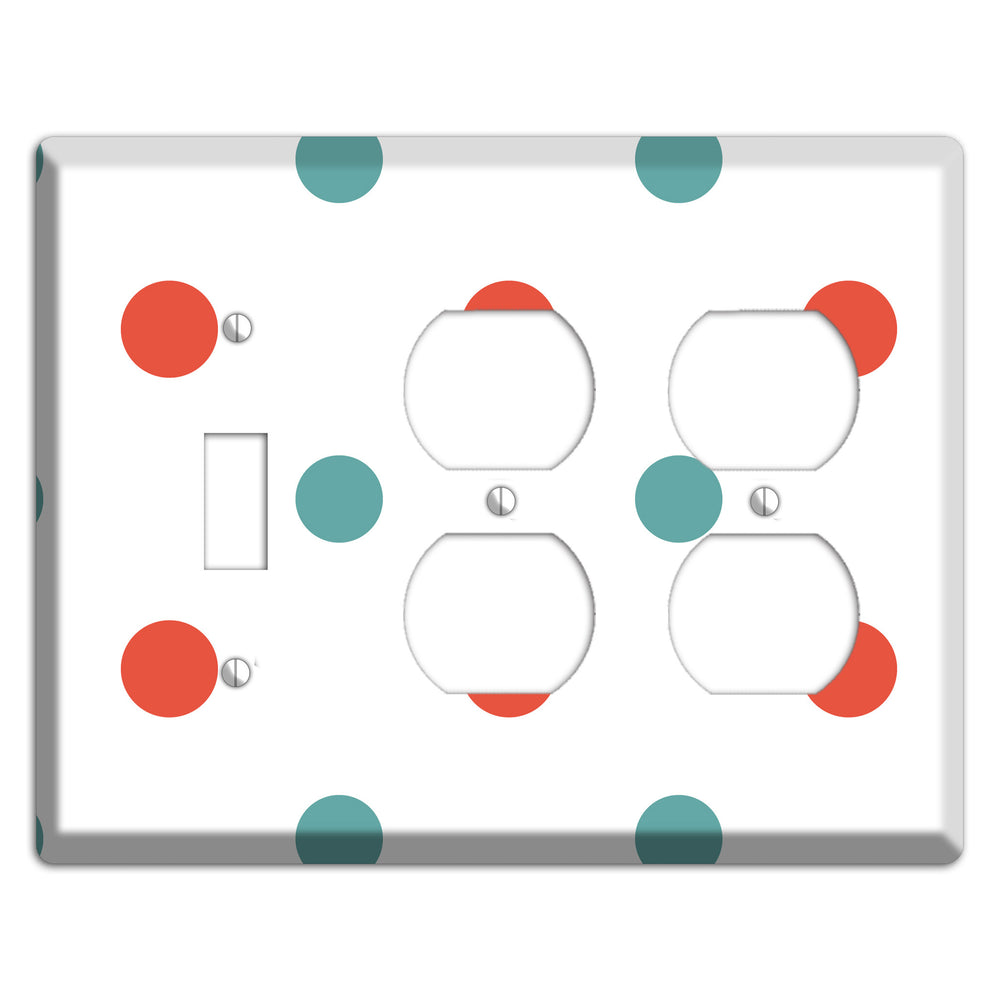 Aqua and Coral Medium Polka Dots Toggle / 2 Duplex Wallplate