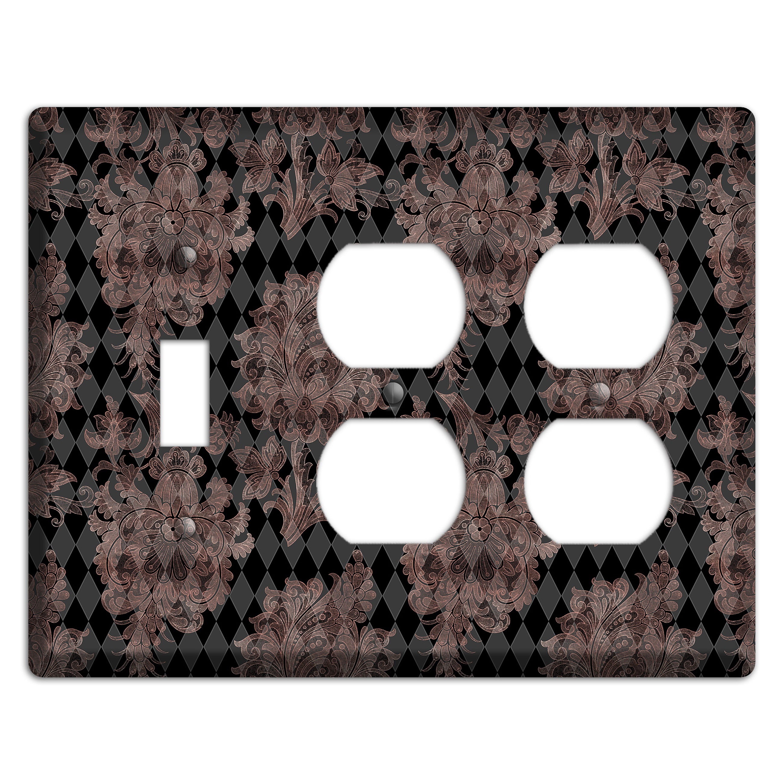 Black and Rose Ornate Diamond Toggle / 2 Duplex Wallplate