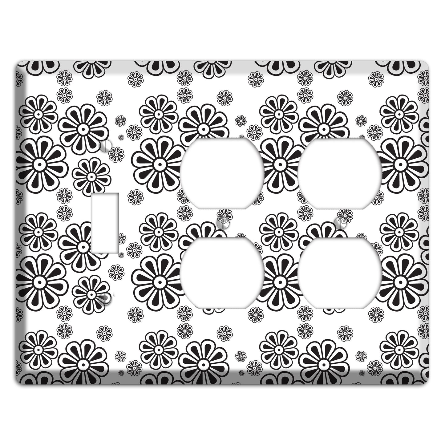 White With Black Small Retro Floral Contour Toggle / 2 Duplex Wallplate