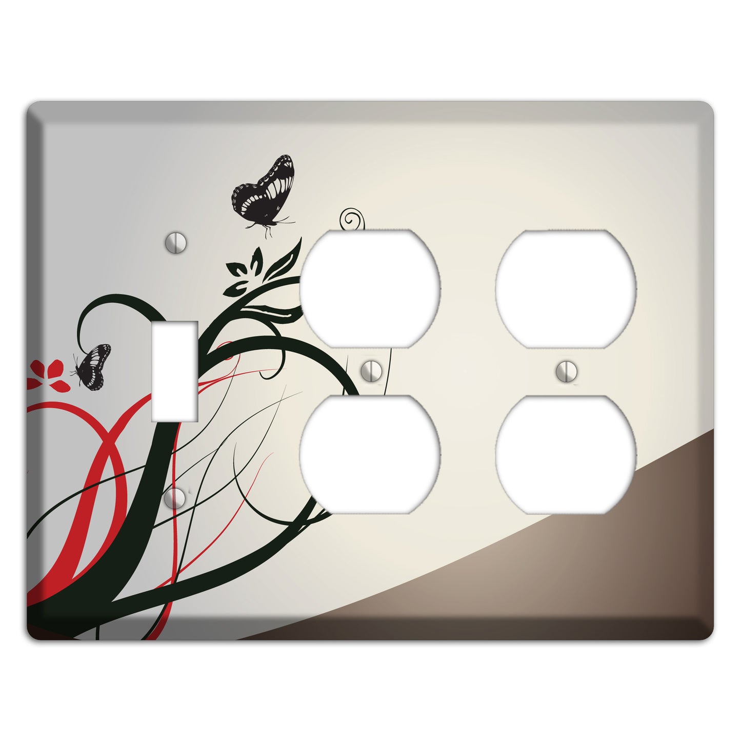 Grey and Red Floral Sprig with Butterfly Toggle / 2 Duplex Wallplate