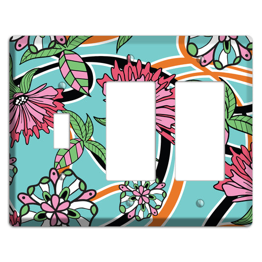 Turquoise with Pink Flowers Toggle / 2 Rocker Wallplate