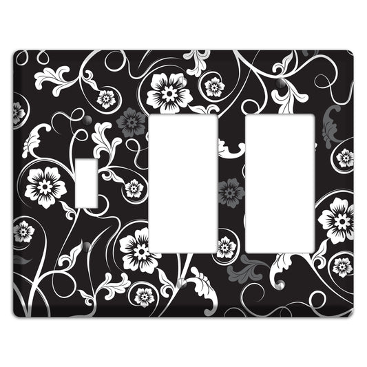 Black with White Flower Sprig Toggle / 2 Rocker Wallplate