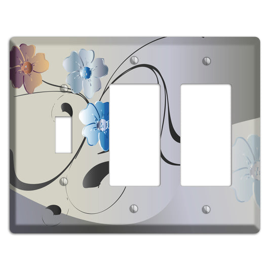 Grey and Blue Floral Sprig Toggle / 2 Rocker Wallplate