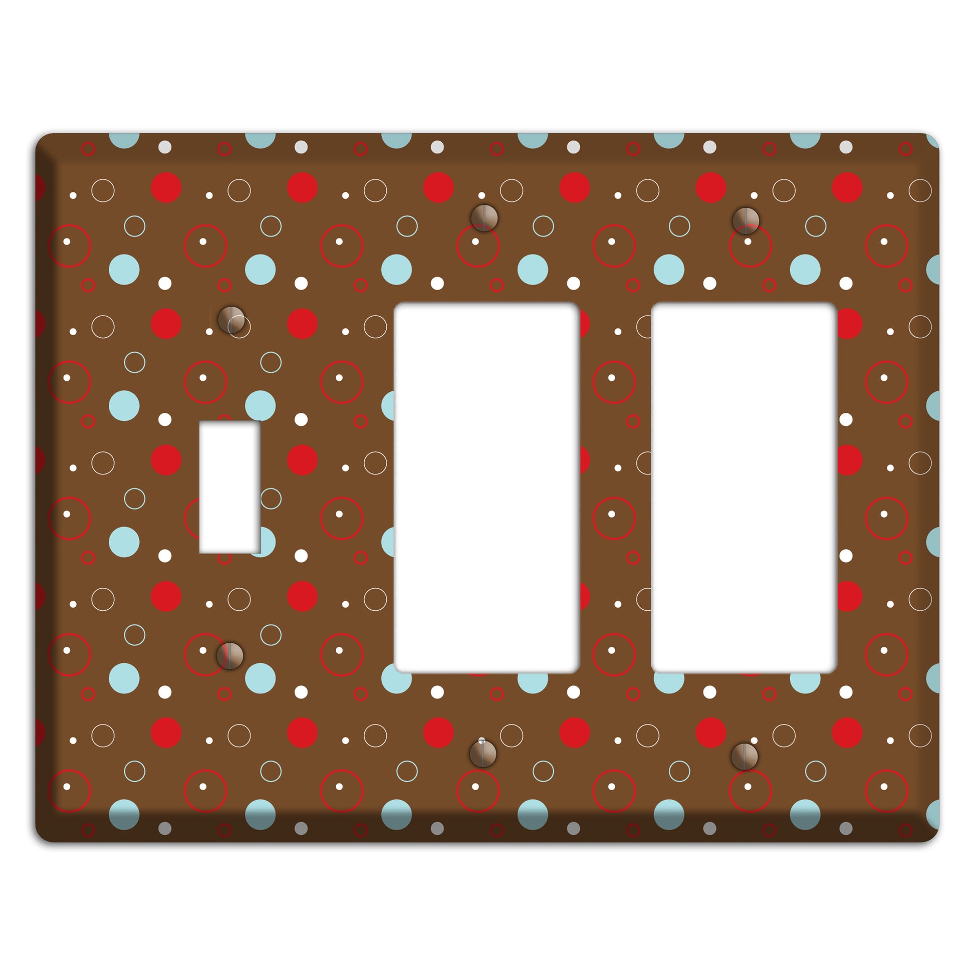 Brown with Red and Dusty Blue Dots and Circles Toggle / 2 Rocker Wallplate