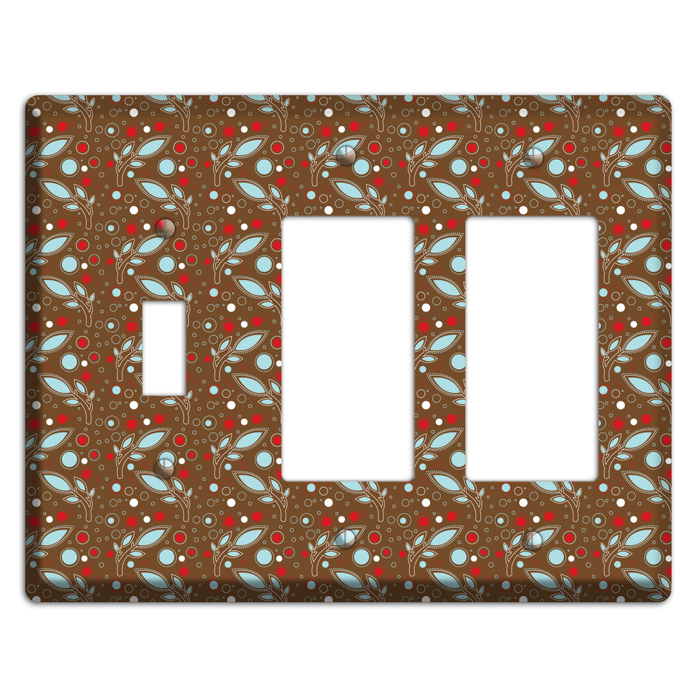 Brown with Red and Dusty Blue Retro Sprig Toggle / 2 Rocker Wallplate