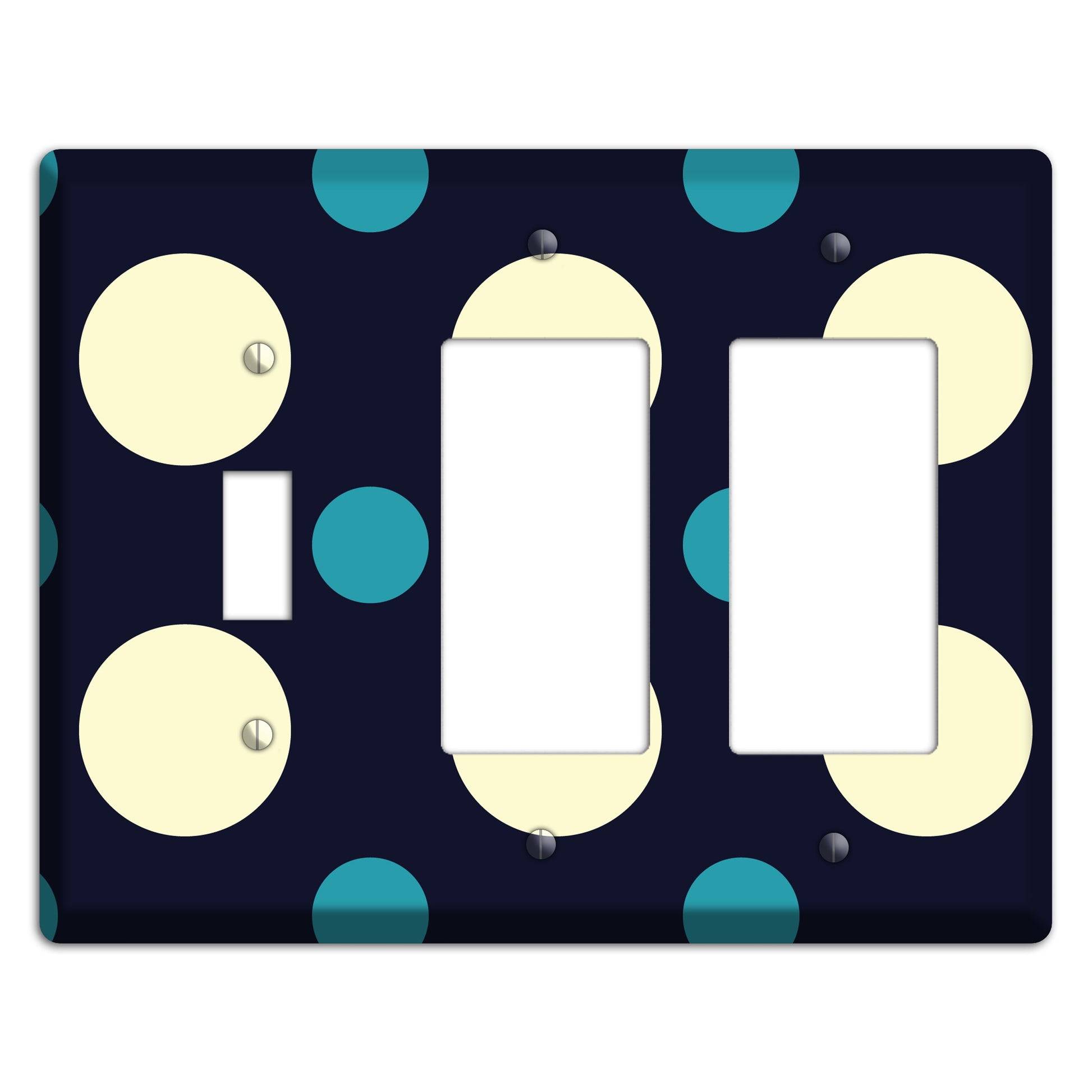 Black with Yellow and Teal Multi Medium Polka Dots Toggle / 2 Rocker Wallplate