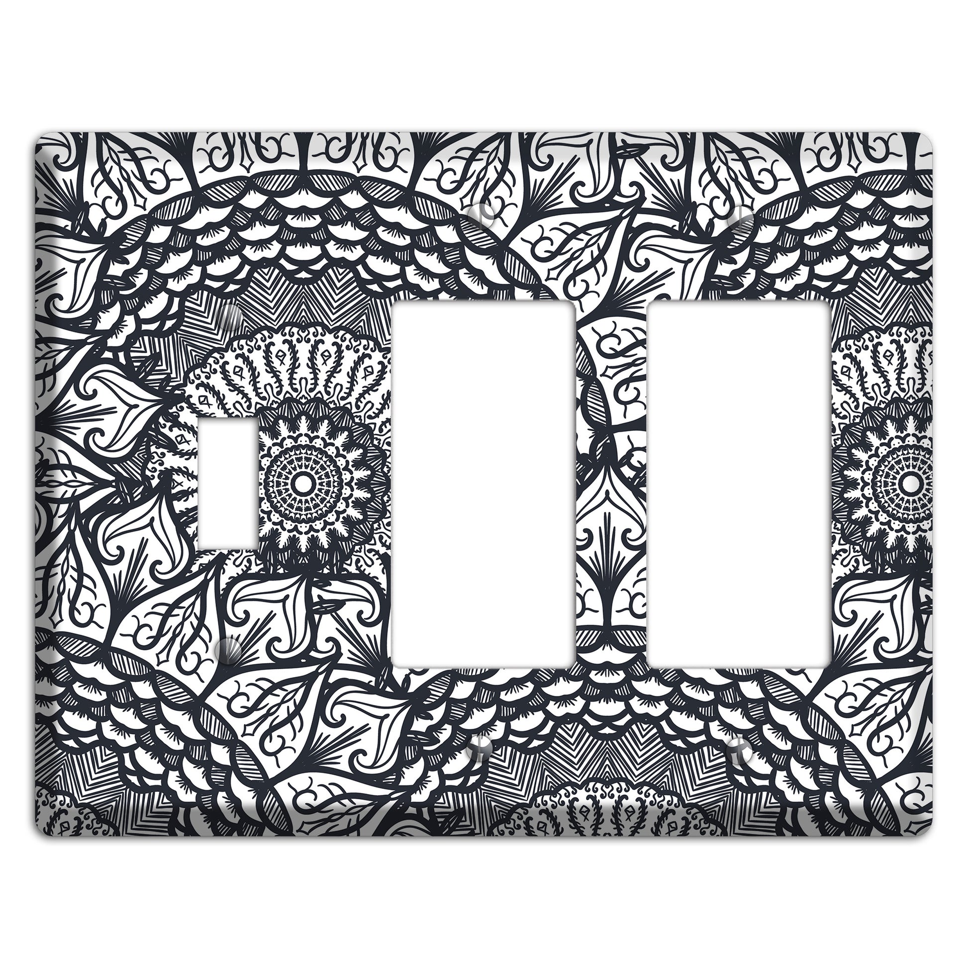 Mandala Black and White Style L Cover Plates Toggle / 2 Rocker Wallplate