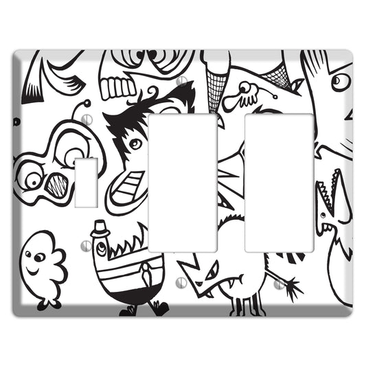 Black and White Whimsical Faces 3 Toggle / 2 Rocker Wallplate