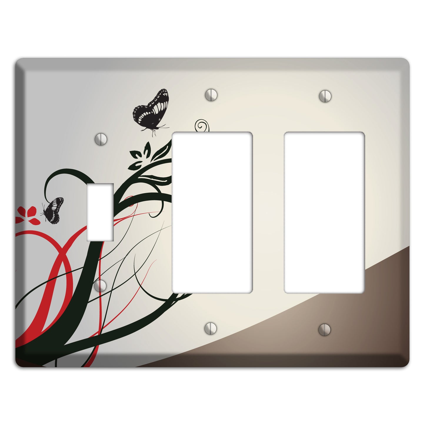 Grey and Red Floral Sprig with Butterfly Toggle / 2 Rocker Wallplate