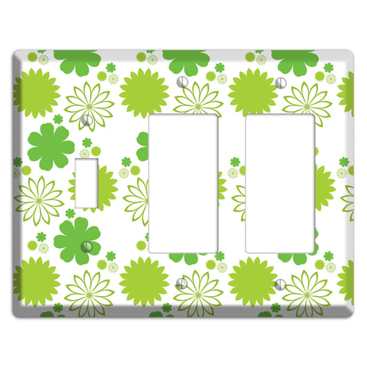 White with Multi Green Floral Contour Toggle / 2 Rocker Wallplate