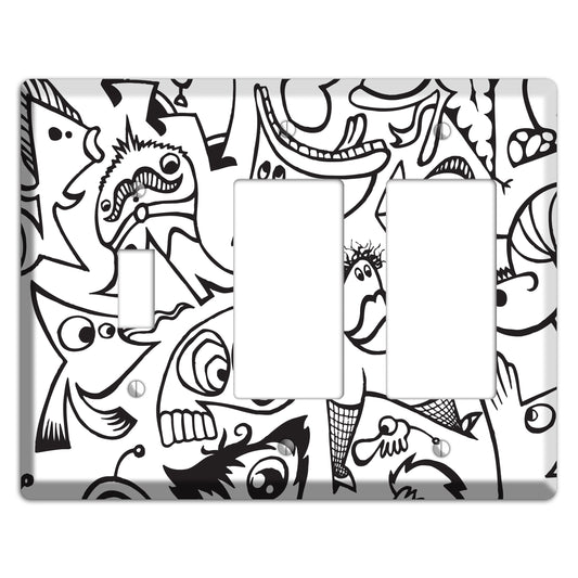 Black and White Whimsical Faces 2 Toggle / 2 Rocker Wallplate