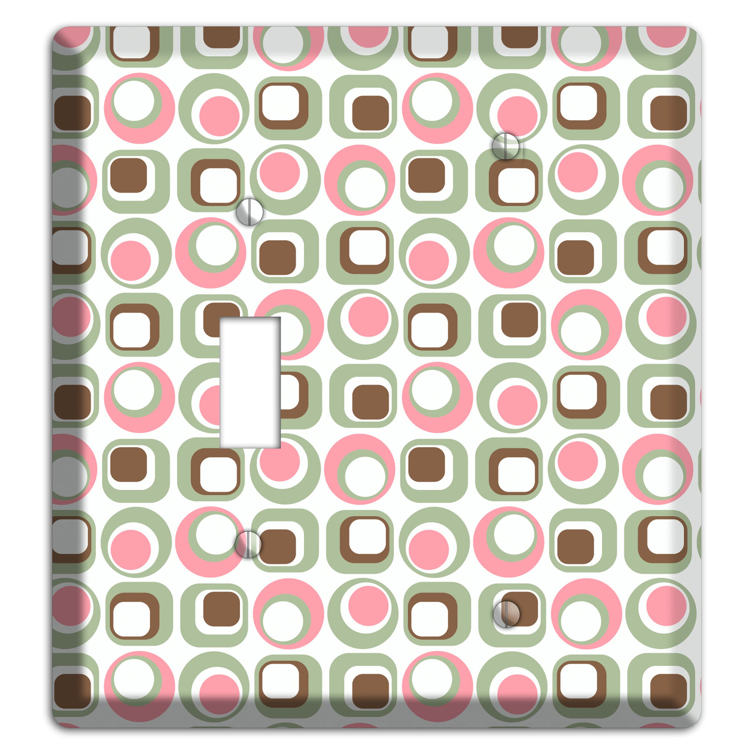 White with Pink Sage Brown Retro Squares and Circles Toggle / Blank Wallplate
