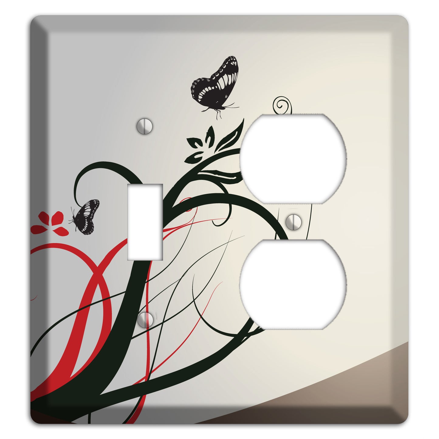 Grey and Red Floral Sprig with Butterfly Toggle / Duplex Wallplate