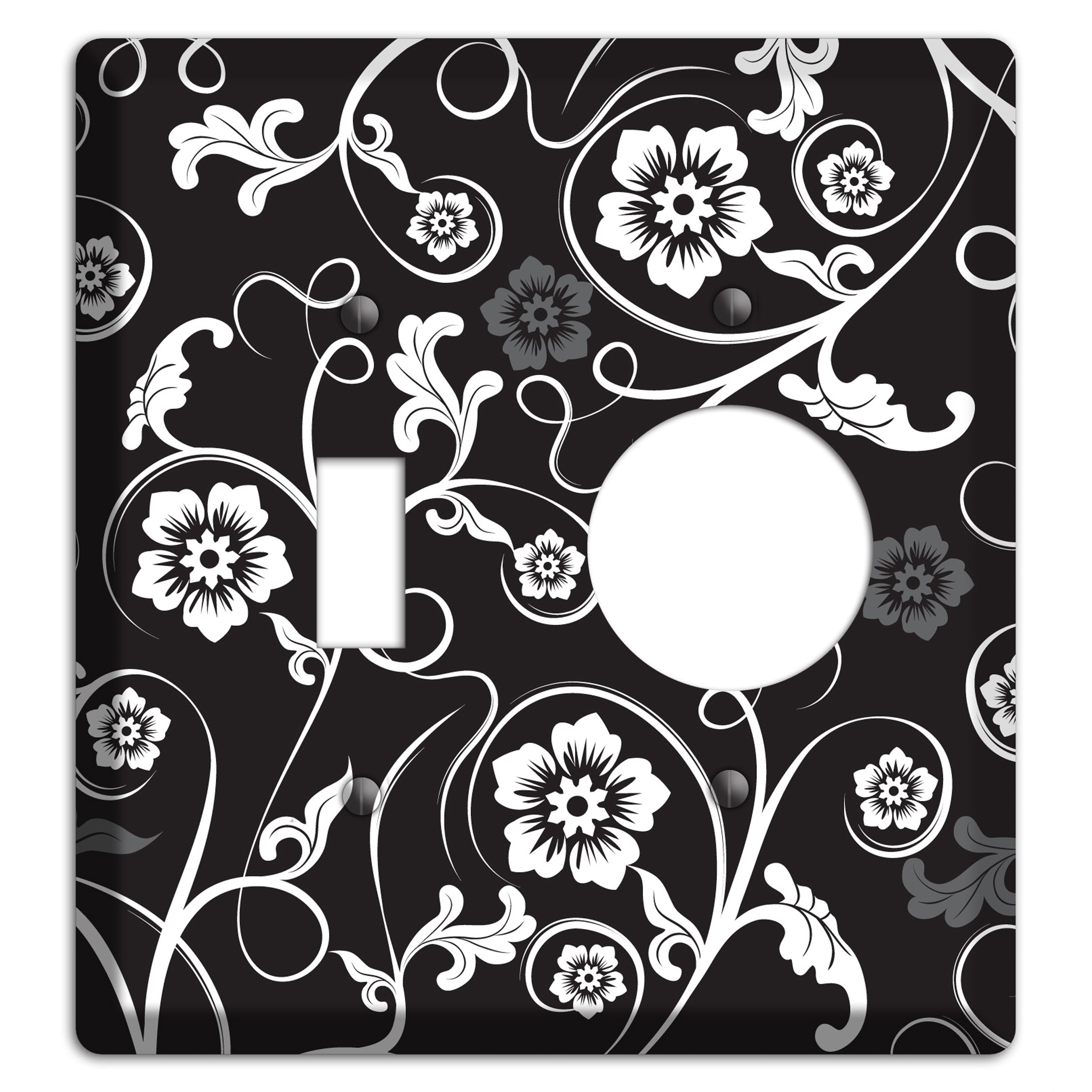 Black with White Flower Sprig Toggle / Receptacle Wallplate