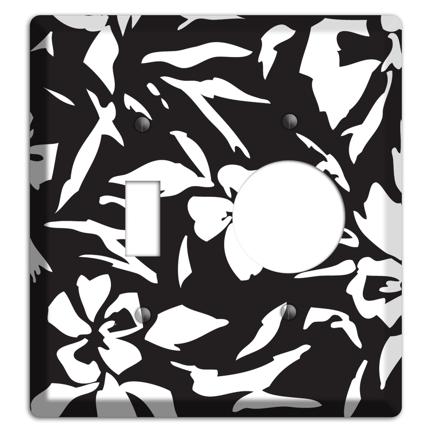 Black with White Woodcut Floral Toggle / Receptacle Wallplate