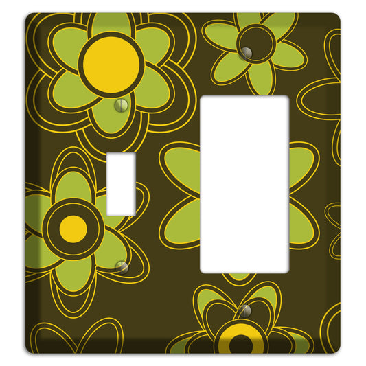 Brown with Lime Retro Floral Contour Toggle / Rocker Wallplate