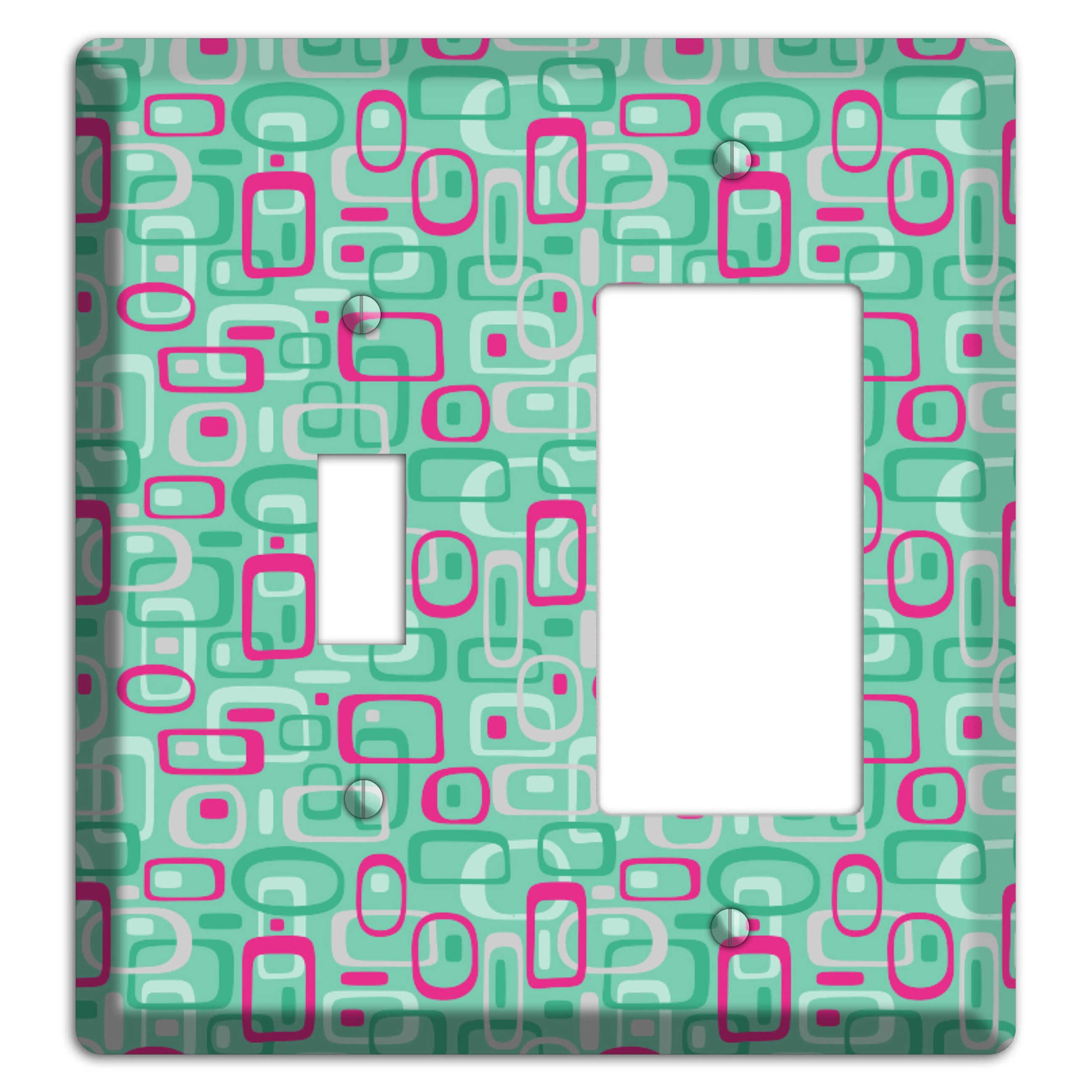 Aqua with Fuschia and Multi Green Retro Squares Toggle / Rocker Wallplate