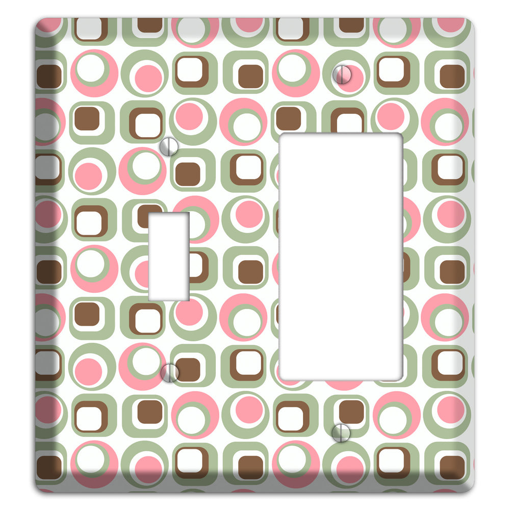 White with Pink Sage Brown Retro Squares and Circles Toggle / Rocker Wallplate