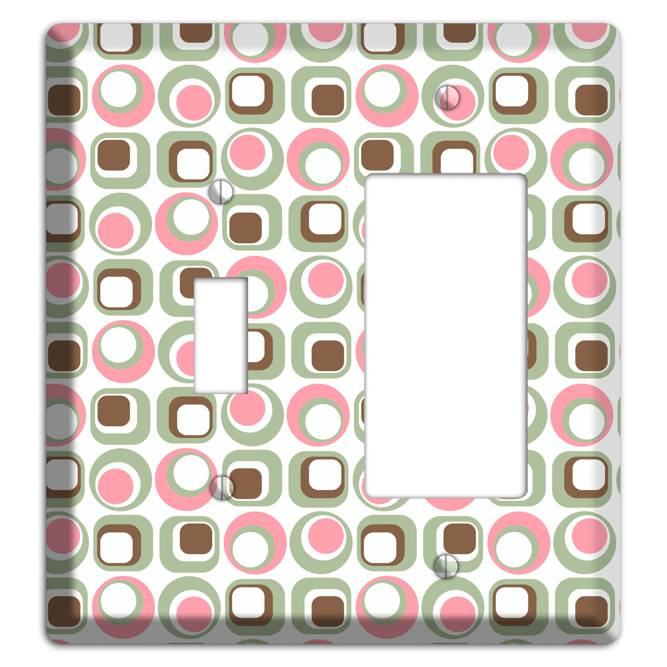 White with Pink Sage Brown Retro Squares and Circles Toggle / Rocker Wallplate