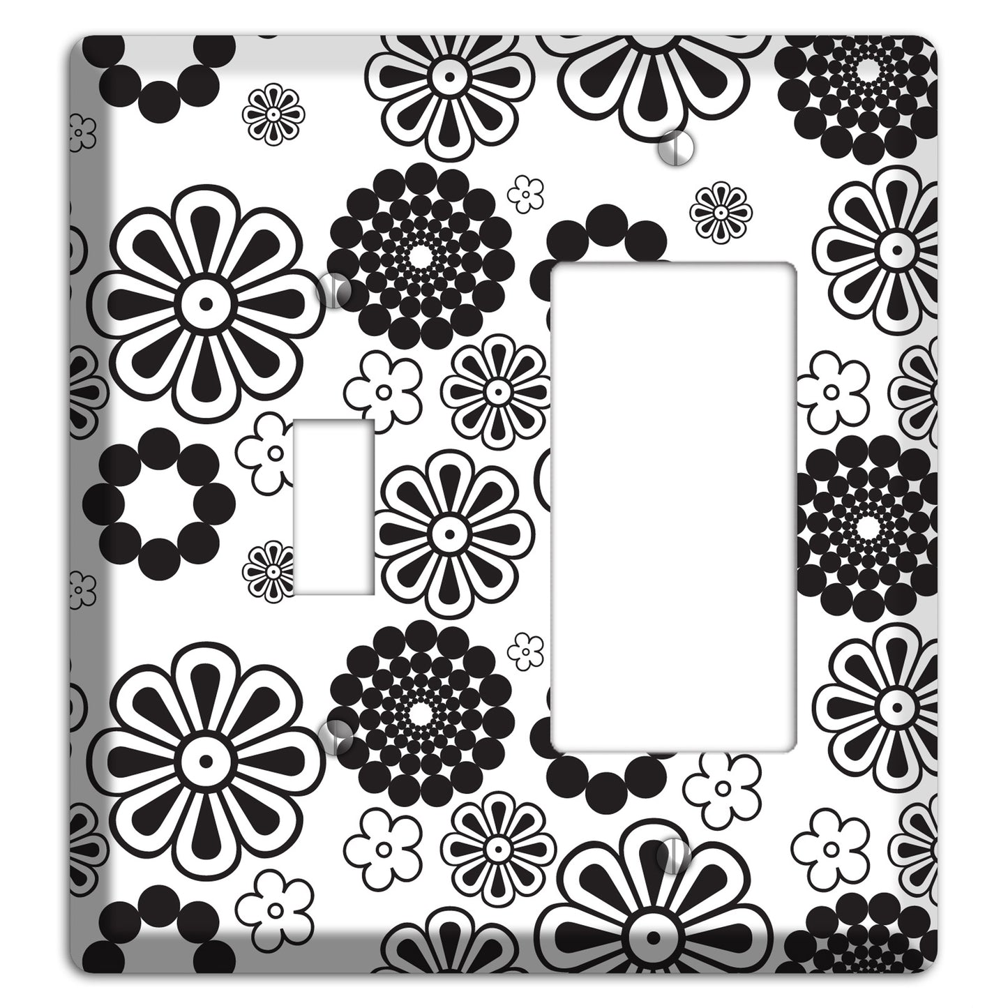 White With Black Retro Floral Contour Toggle / Rocker Wallplate