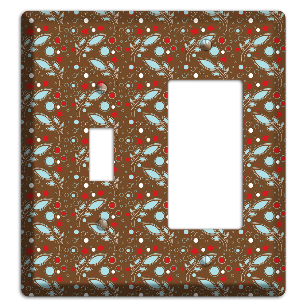 Brown with Red and Dusty Blue Retro Sprig Toggle / Rocker Wallplate