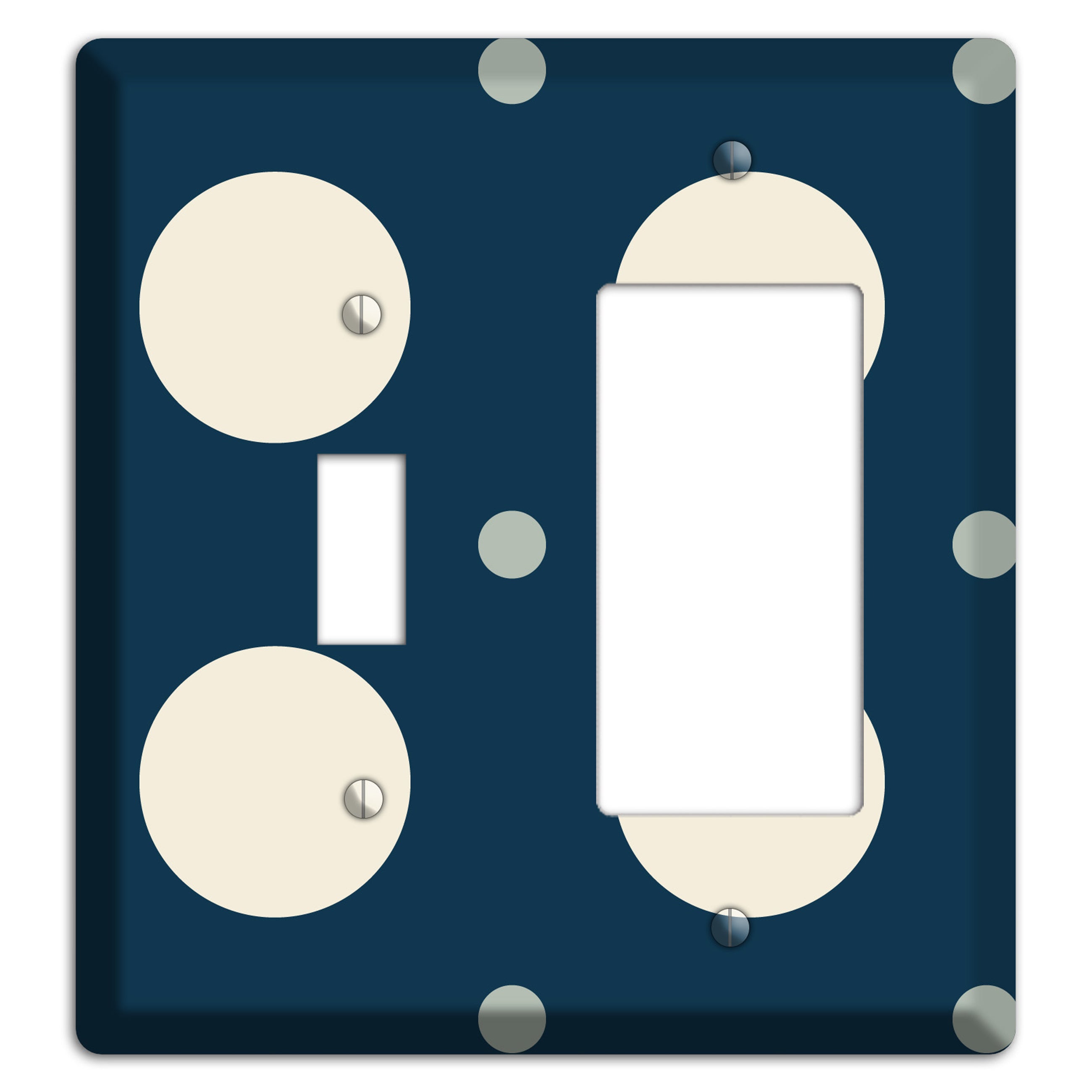Navy with Off White and Blue Multi Medium Polka Dots Toggle / Rocker Wallplate